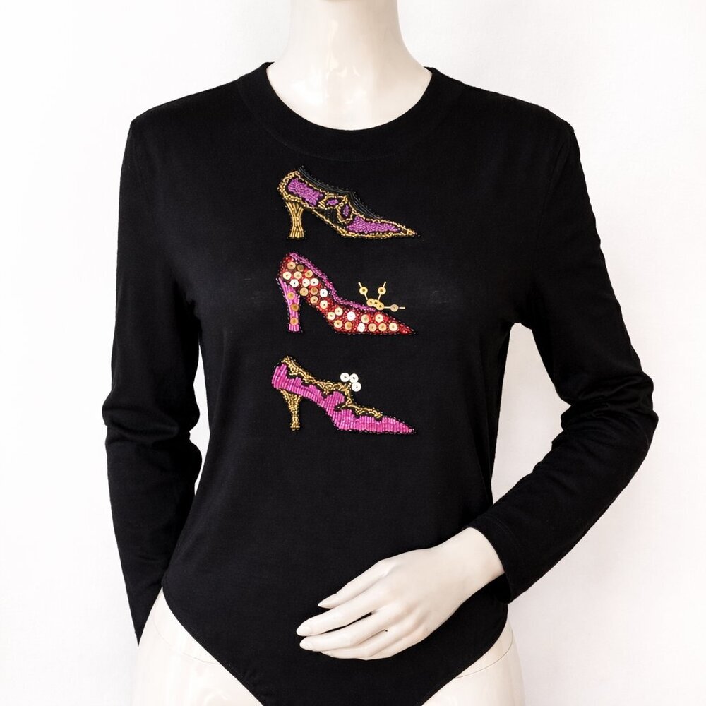 Vintage Escada Bodysuit 90s Black Beaded Top Cashmere Wool Knit Made in Germany